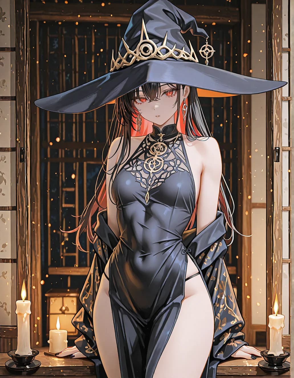 Witch in a wide-brimmed hat and embroidered dress flanked by candles — a remix-style edit example.