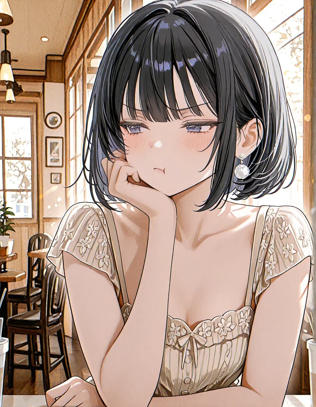 Bob-cut girl in a sunlit cafe — a sample of the default illustration style pack.